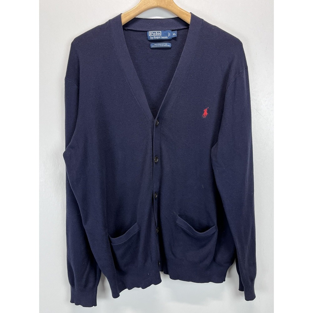 Mens Vintage Polo Ralph Lauren 100% Pima Cotton Cardigan Sweater Sz XL GUC Navy
